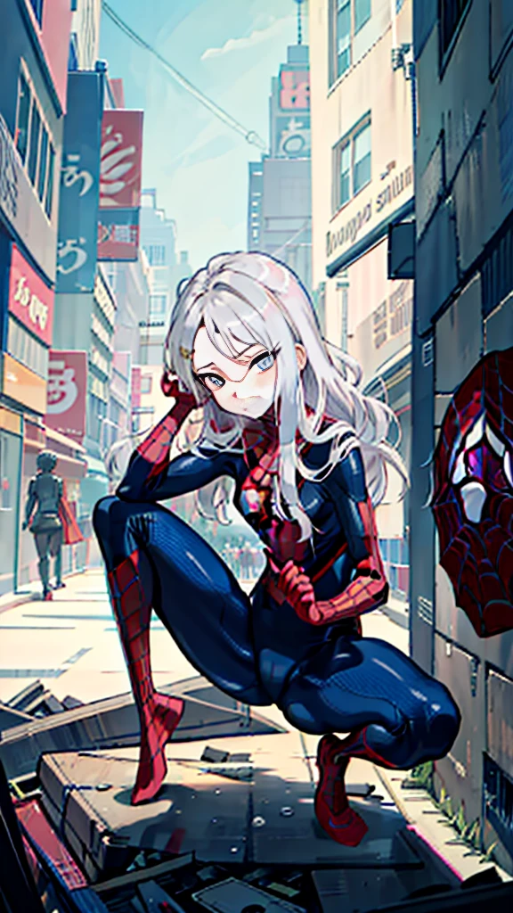 NSFW、High legsuits(muste piece, highest quality), intricate details, 8K, art station, wallpaper, official art, splash art, sharp focus, 1 girl, Hina Sorasaki, long hair, red目, gray hair, big breasts, Skins don't appear, Skintight Spiderman Suit, She is dressed in black, red, Spider-Man's suit with black theme、squat、I open my legs and feel itching、(camel toe)、High leg、Raw thighs、The cutting edge of Tokyo Skytree in the afternoon，mask off，