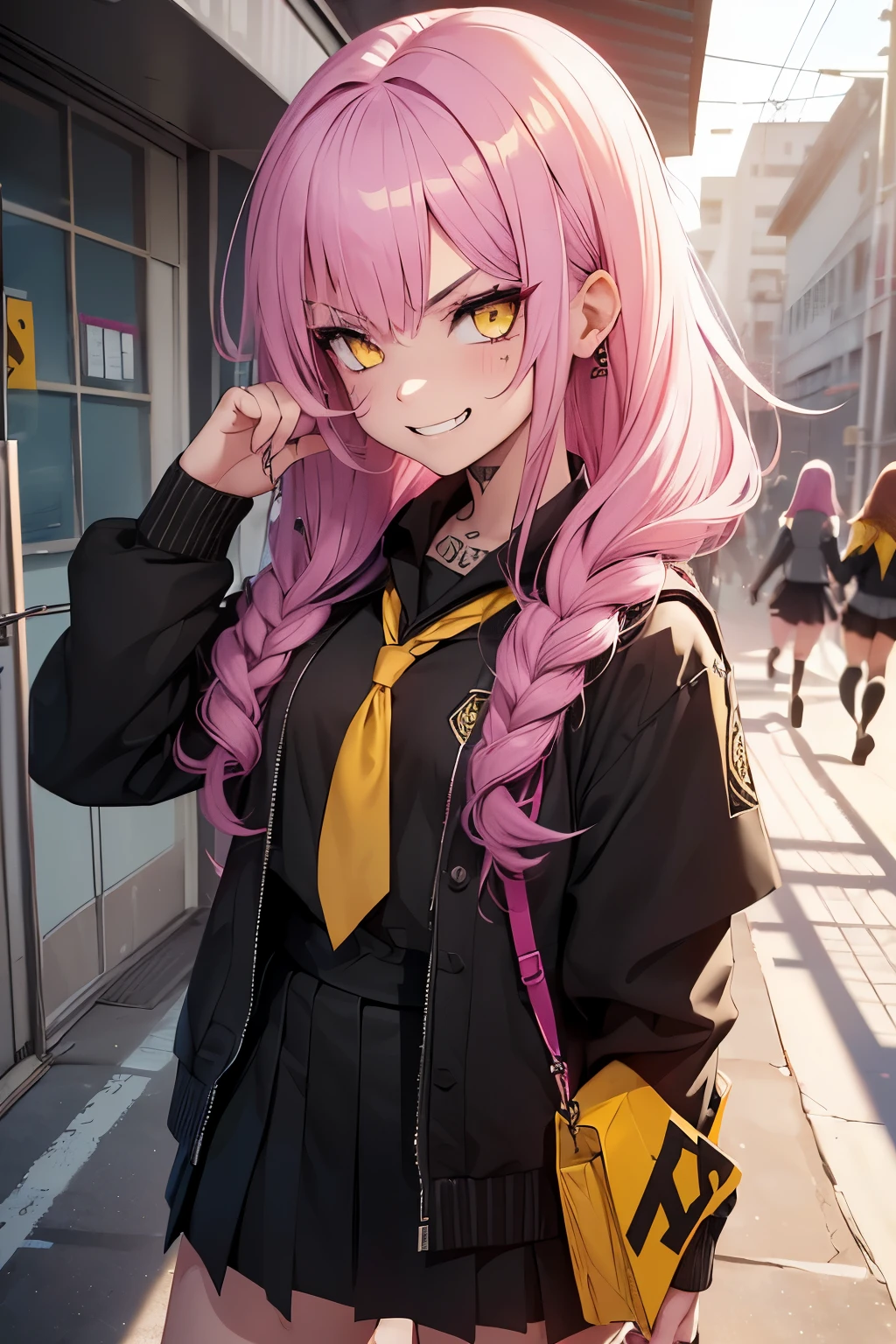 (1Girl, (Badass), Slutry smile, Bully, Tattoo, Pink Hair,(Yellow eyes), Wearing (Black) School Uniform), (In a School Corridor)