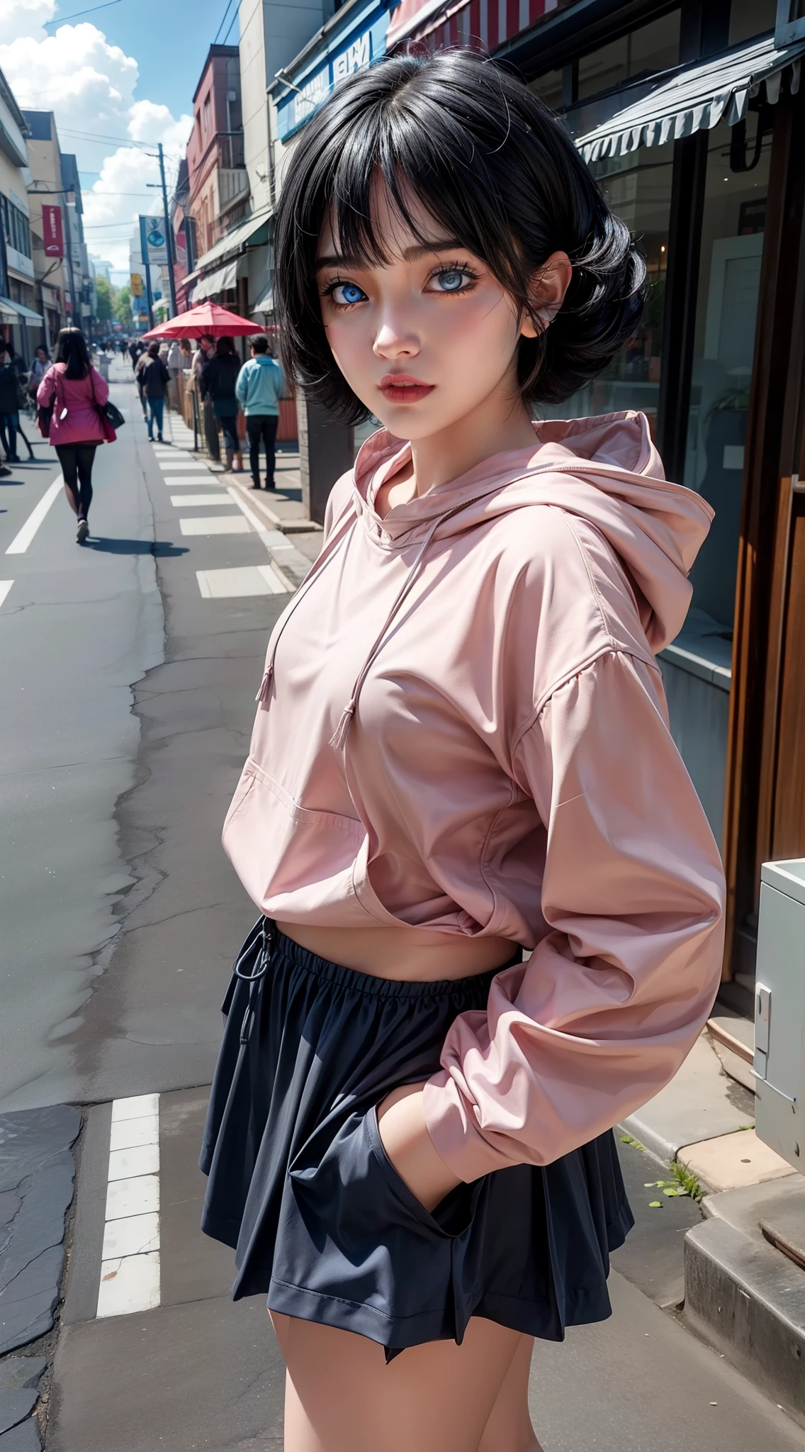 Turns every photo work art ,of a woman with long black hair and a pink shirt, she has a distant expression, semi realistic anime, in an anime style, semirealistic anime style, she has black hair, in anime style, (blue eyes:1.3), blunt bangs ,Uzumaki Himawari ,realistic ultra high qualiti detail images HD Restoration ,Ai,filter ,super detail clothes ,eliminates to enchance igamages quality ,A small, thin, medium-sized face, has two rows of cat whiskers on the right and left cheeks ,detail realistic