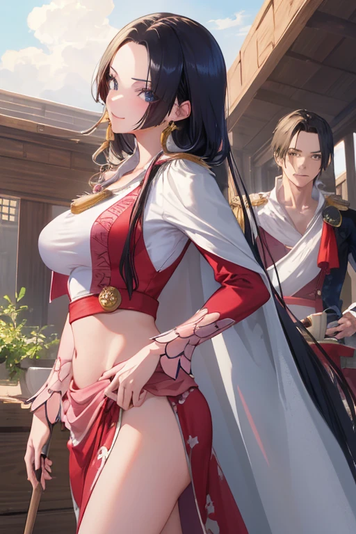 masterpiece, highest quality, High resolution, hancock1, 1 girl, Boa Hancock, big breasts, long hair, epaulet, cape, crop top, side slit, cowboy shot, cleaning, outdoor, sexual smile,2boys，A boy touches a girl&#39;s breasts from behind，girl is touched by boy，