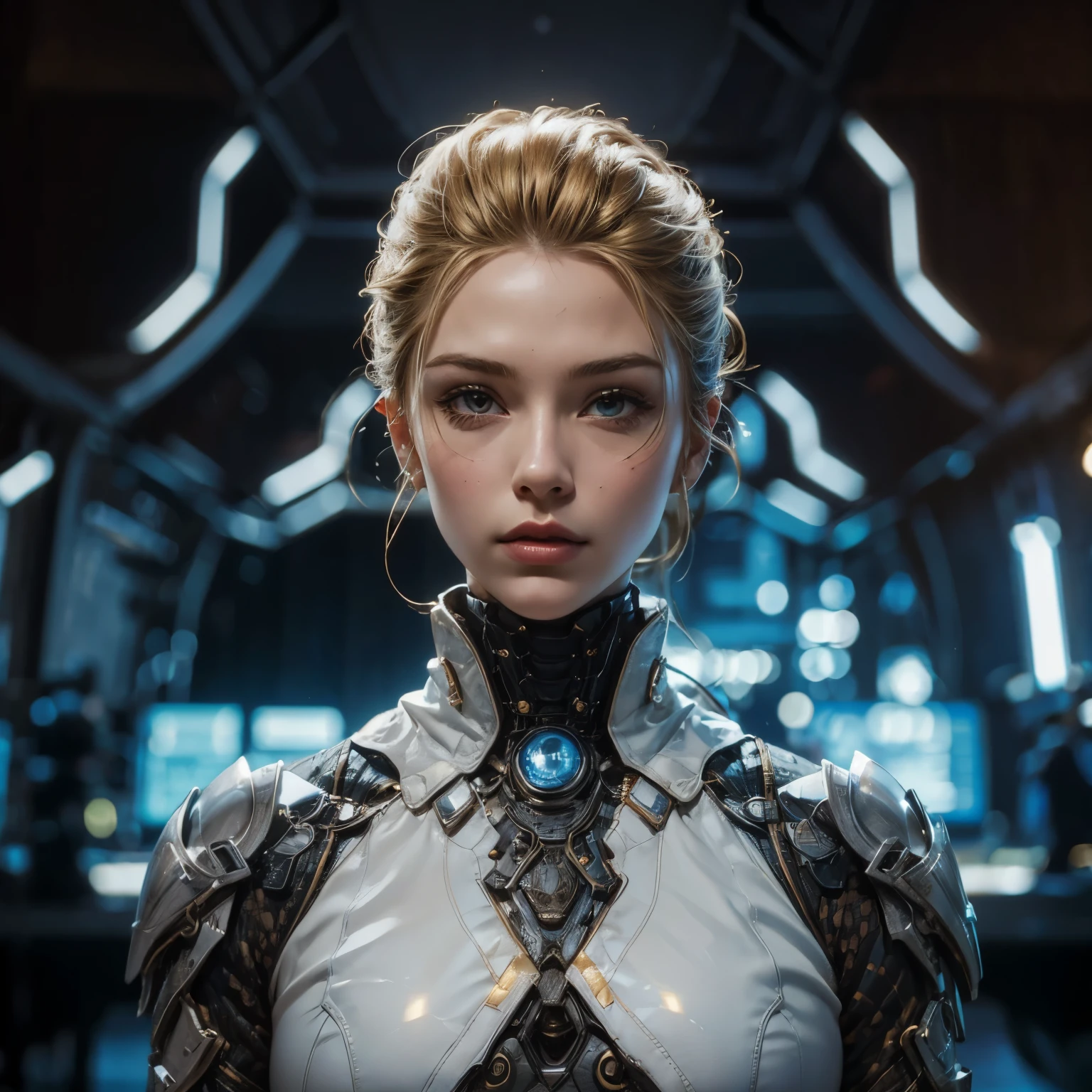 Superhero beauty young girl (((golden hair highlights::1))) in sci-fi suit steel tatical armor