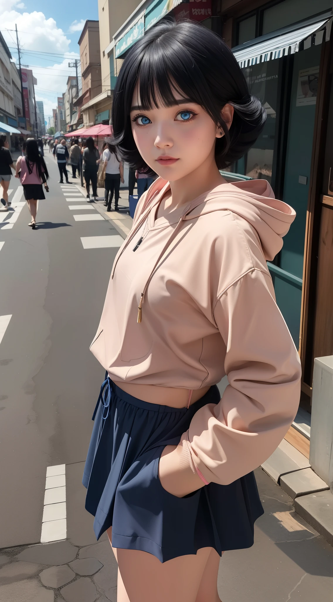 Turns every photo work art ,of a woman with long black hair and a pink shirt, she has a distant expression, semi realistic anime, in an anime style, semirealistic anime style, she has black hair, in anime style, (blue eyes:1.3), blunt bangs ,Uzumaki Himawari ,realistic ultra high qualiti detail images HD Restoration ,Ai,filter ,super detail clothes ,eliminates to enchance igamages quality ,A small, thin, medium-sized face, has two rows of cat whiskers on the right and left cheeks ,detail realistic