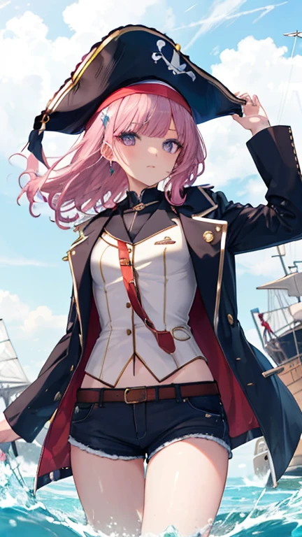 1 girl, masterpiece, 最high quality, high quality, Marine, pirate, pirate hat,shorts