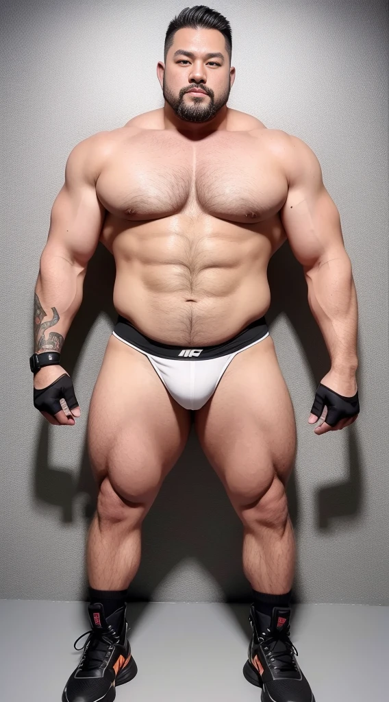 the only person，male，muscle wrestler，muscular，stout wrestler，Japan，uncle，45岁middle aged男子，short hair，short hair细节，wrestling boots，Sneakers body image，Panoramic figures，WWE ring，WWE professional wrestling，spotlight，shadow，Vision，orange color，gold  short-lived，40 years old，short beard，middle aged，Tattoos are，fingerless gloves，wheat colored skin，oily skin，dark skin，Show off your chest muscles，sumo wrestler，bodybuilder，short beard，wide temples，Serious，