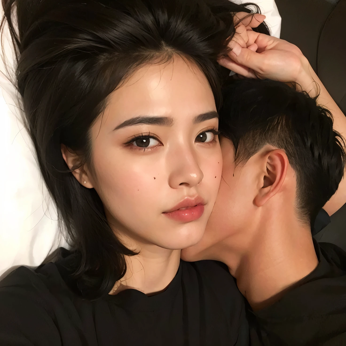 Hay un hombre y una mujer acostados juntos en la cama., dilraba dilmurat, young cute wan asian guy, asian guy, her face looks like an orchid,  mi lin, an asian woman, tomorrow brother tran, Chinese girl, asian features, sha xi, chen xintong, cara bonita chine afilada, gemma chen, muchacha coreana