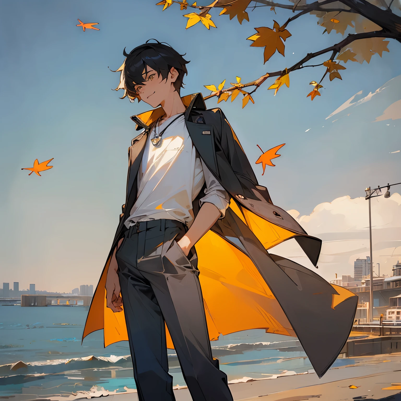 masterpiece, best quality, high quality, human, handsome male, (((solo))), (male focuature, black short hair, slim, ((yellow pupils)), detailed eyes, front view, (clothing, (topwear: (dark-gray coat, (white t-shirt)), bottomwear:(pants: dark gray), standing, coat fluttering, detailed clothing, coat collar, tall, smiling, (((city seaside))), trees, falling leaves, (detailed background)
