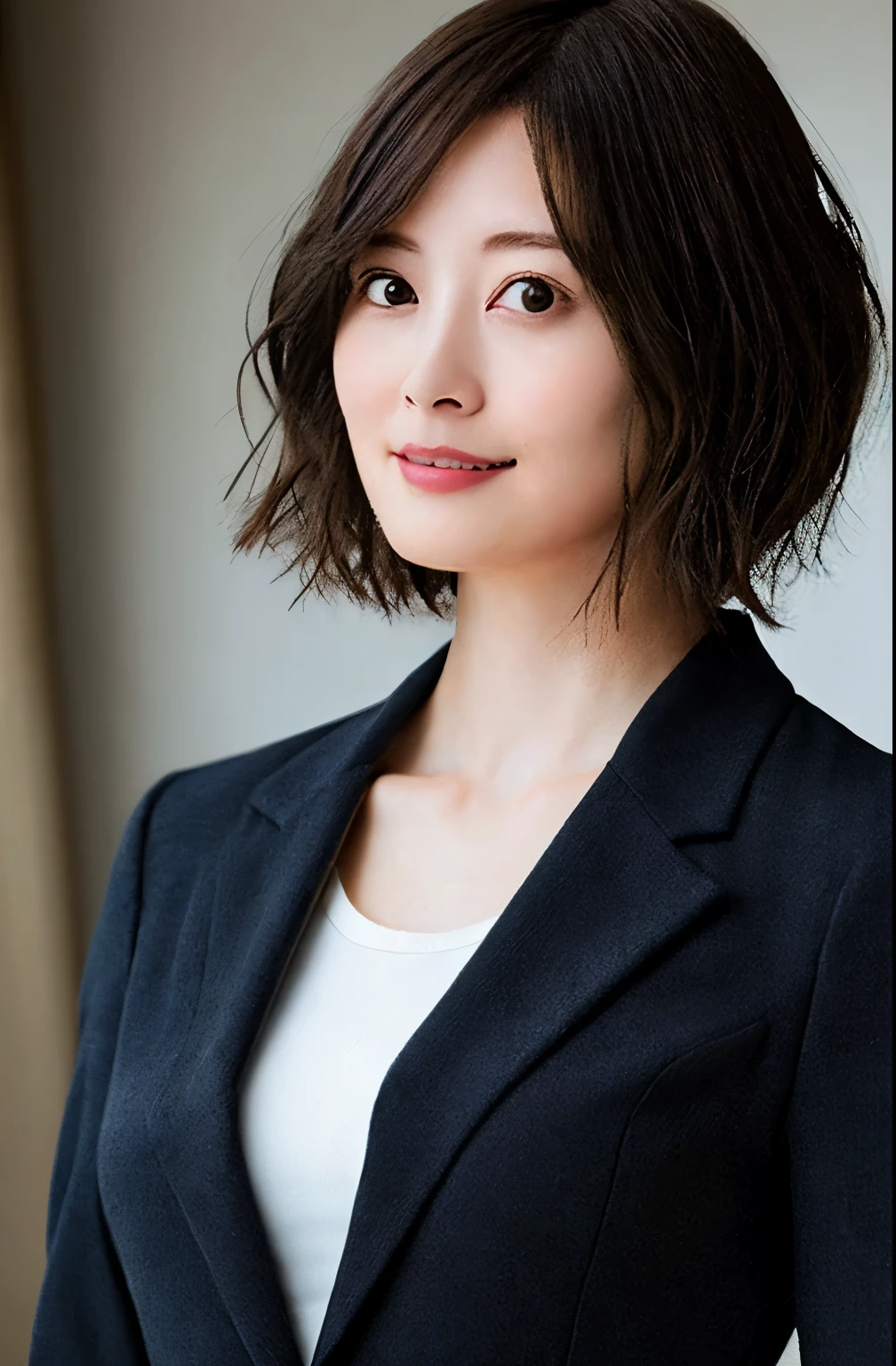 best quality, 1girl, solo, ((perfect female figure)), mature female, ((sfw)), Mai Shiraishi, black suit jacket, (upper body), short hair, photo realistic