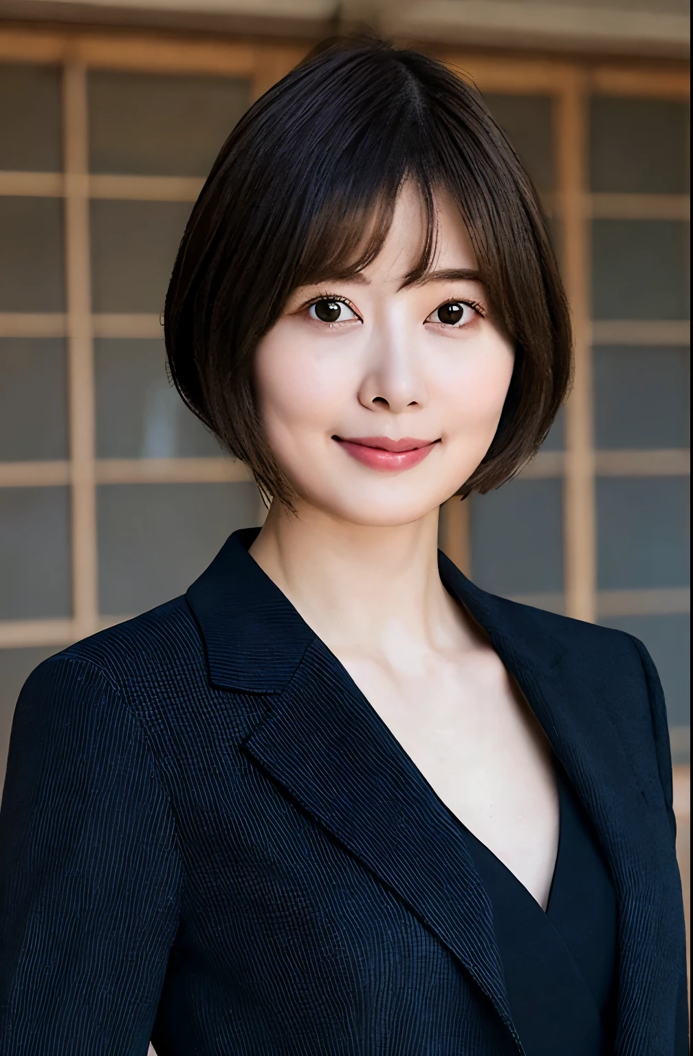 best quality, 1girl, solo, ((perfect female figure)), mature female, ((sfw)), Mai Shiraishi, black suit jacket, (upper body), short hair, photo realistic