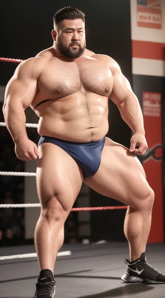 the only person，male，muscle wrestler，muscular，stout wrestler，Japan，uncle，45岁middle aged男子，short hair，short hair细节，wrestling boots，Sneakers body image，Panoramic figures，WWE ring，WWE professional wrestling，spotlight，shadow，Vision，orange color，gold  short-lived，40 years old，short beard，middle aged，Tattoos are，fingerless gloves，wheat colored skin，oily skin，dark skin，Show off your chest muscles，sumo wrestler，bodybuilder，short beard，wide temples，Serious，