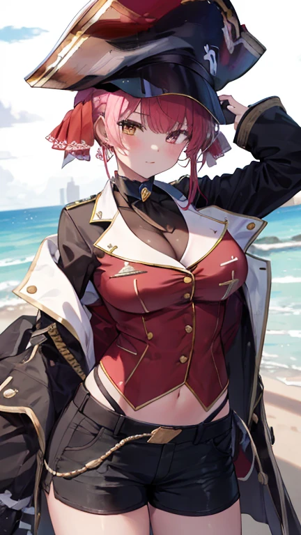1 girl, masterpiece, 最high quality, high quality, Marine, pirate, pirate hat,shorts