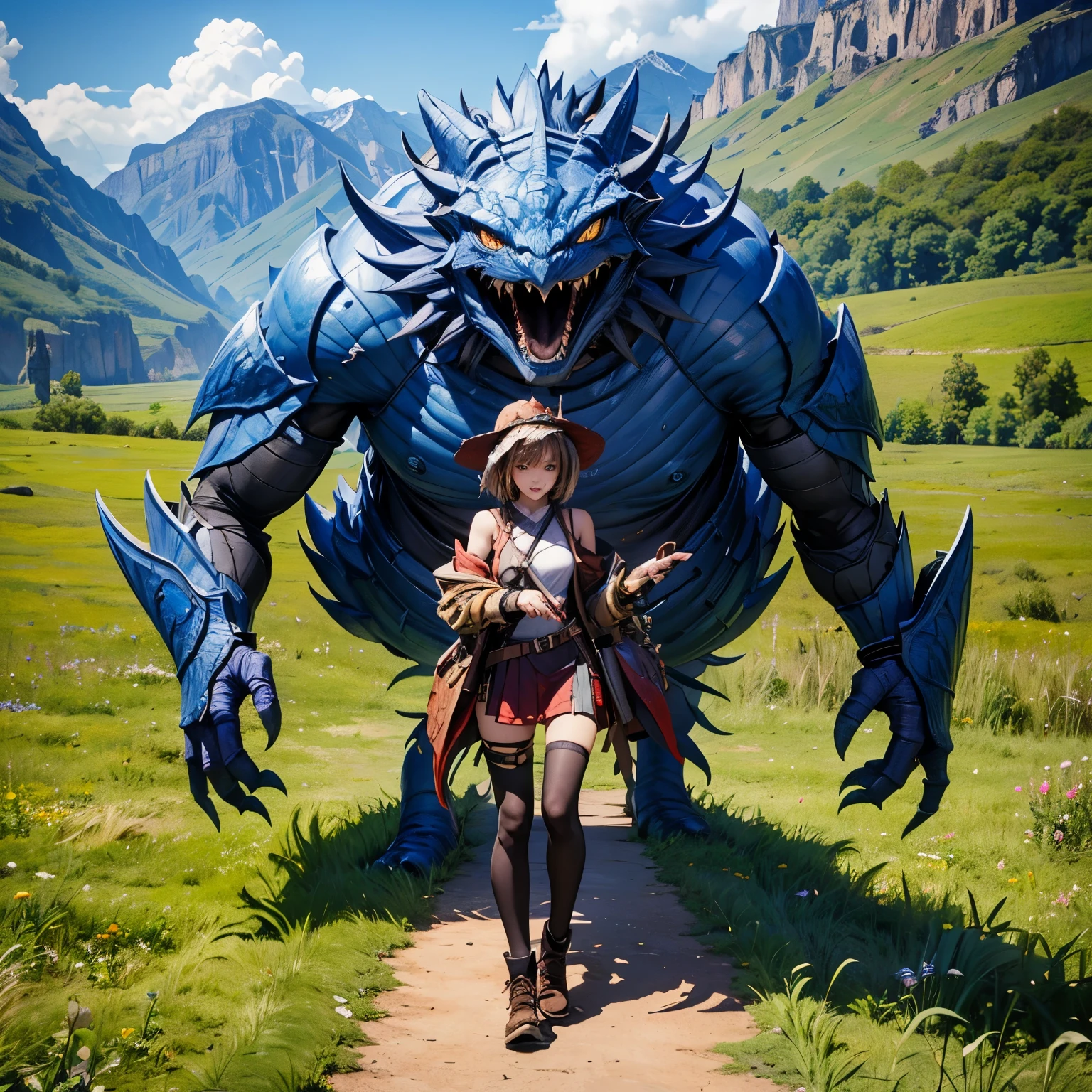 Super high quality、8K、Wonderful expression with attention to detail、cute girl monster hunter、Cool monsters travel together as friends.、Monster Hunter character costume、vast grassland background、
