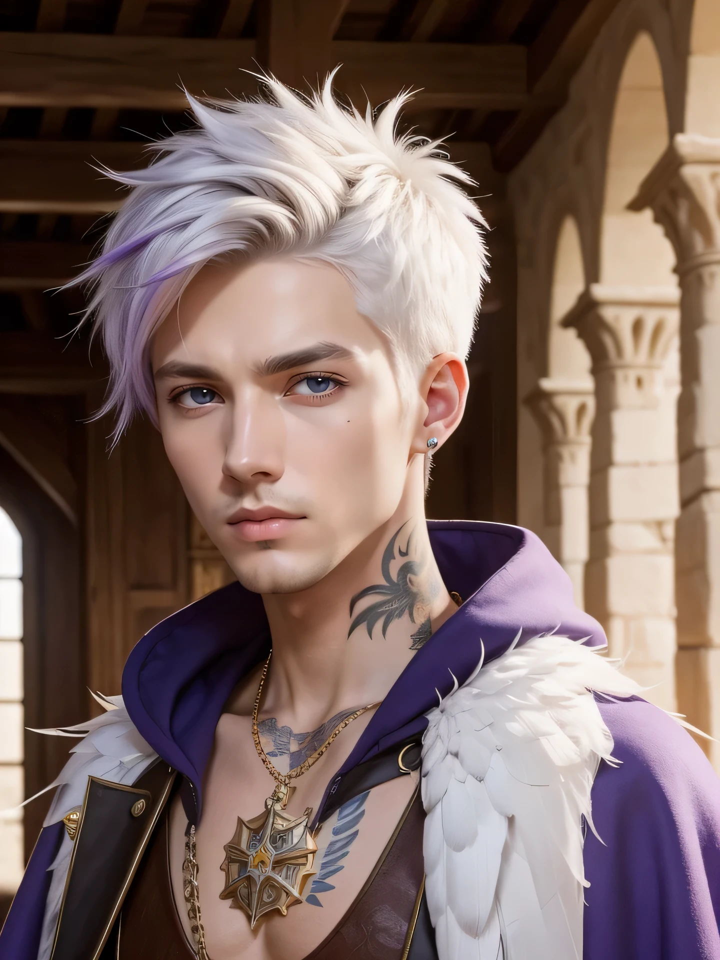 the highest quality, detailed image, colorful, vivid colors, solo, detailed face, male, white short spiky hair, lean and thin, medieval adviser, inside old castle, glossy tan brown skin, cloak, gilded, royal, lavender accents, white feathers, desert theme, tattoos,