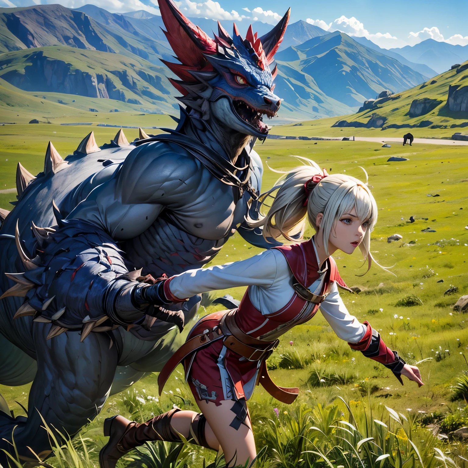 Super high quality、8K、Wonderful expression with attention to detail、cute girl monster hunter、Cool monsters travel together as friends.、Monster Hunter character costume、vast grassland background、