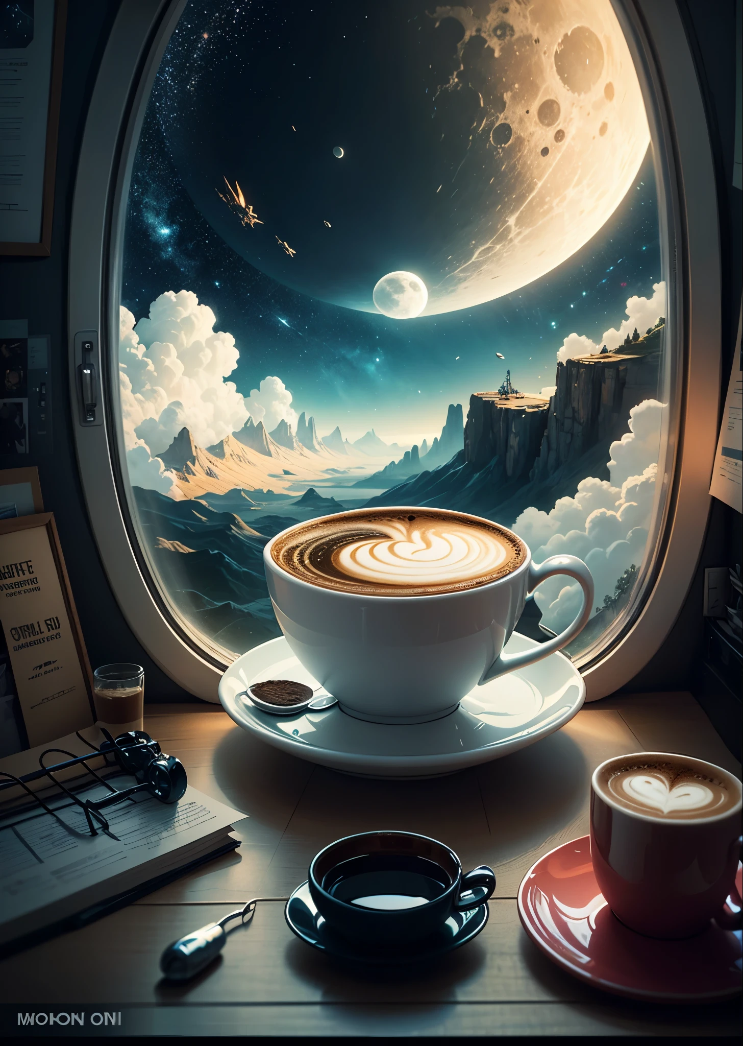 A cup of coffee in moon landscape, view from inside spaceship window, poster design, vector graphics, vector style