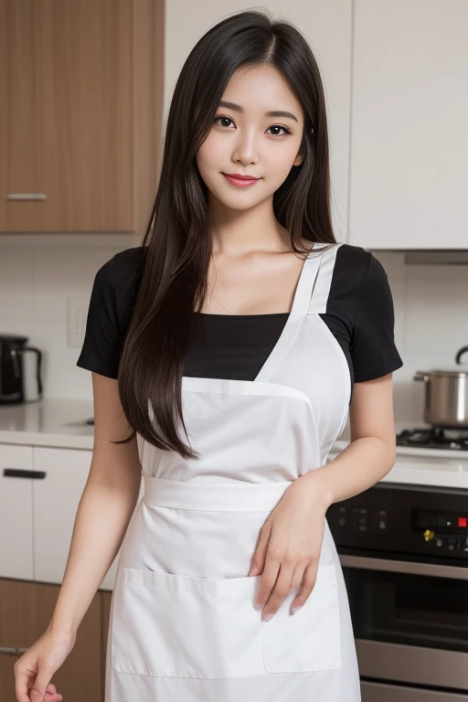 ((best quality)), ((masterpiece)), (detailed), 1girl, beautiful straight black long hair , beautiful smile ,y pose , standing position , nakron , chef hat , cooking , kitchen background