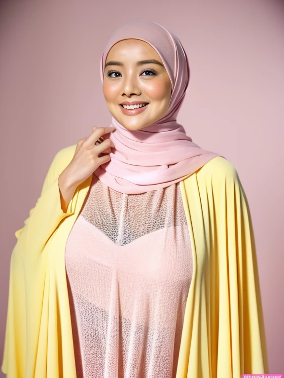 8k wallpaper, ​masterpiece, top-quality, ultra-detail art, 30~40 years, A MILF, beautiful mature lady, babydoll, Highly exposed, Looking through underwear, ((see through light pink kaftan:1.1)), Skindentation, seducting smile, Thick lip, chubby lips, red blush, looking at the vieweredium breast:1.1)), ((muslim woman wear light pink hijab)), ((woman wear light yellow hijab)), no hair visible, ((head covered with hijaleavage of the breast:1.1)), exaggerated plump thighs, Curvaceous hips, curvaceous buttocks, massive hips, seductived faced, Naughty face, ((extremely detailed erected :1.1)), overexposed erected nipples, one hand covered the boobs