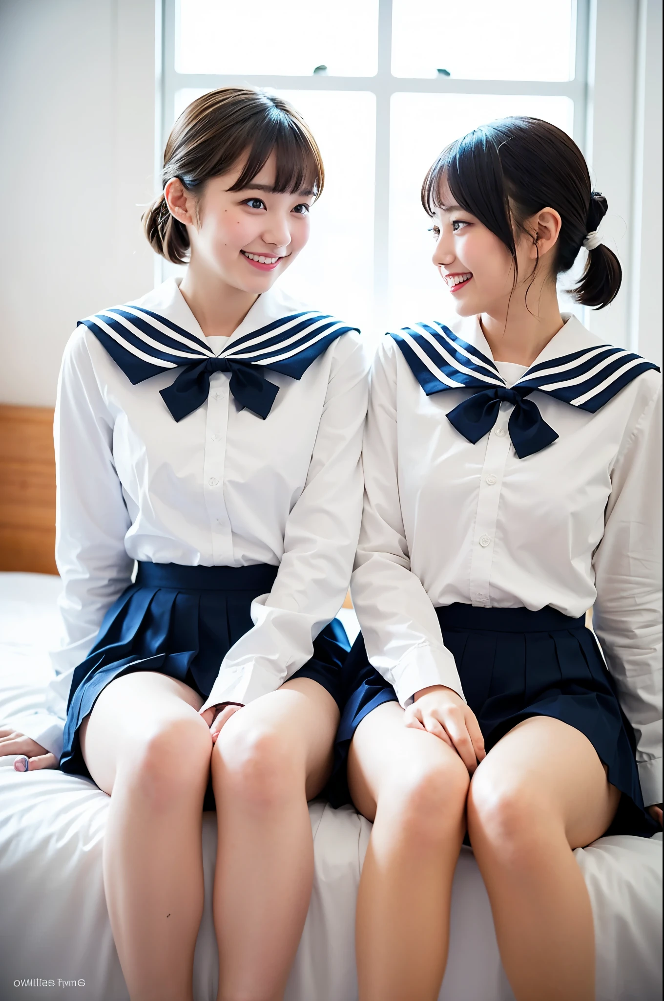 2 girls sitting with knees up on bed,long-sleeved white sailor shirt with red bow tie,navy blue pleated skirt,white panties,18-year-old,bangs,a little smile,short cut hair,low ponytails,from below,front-lighting