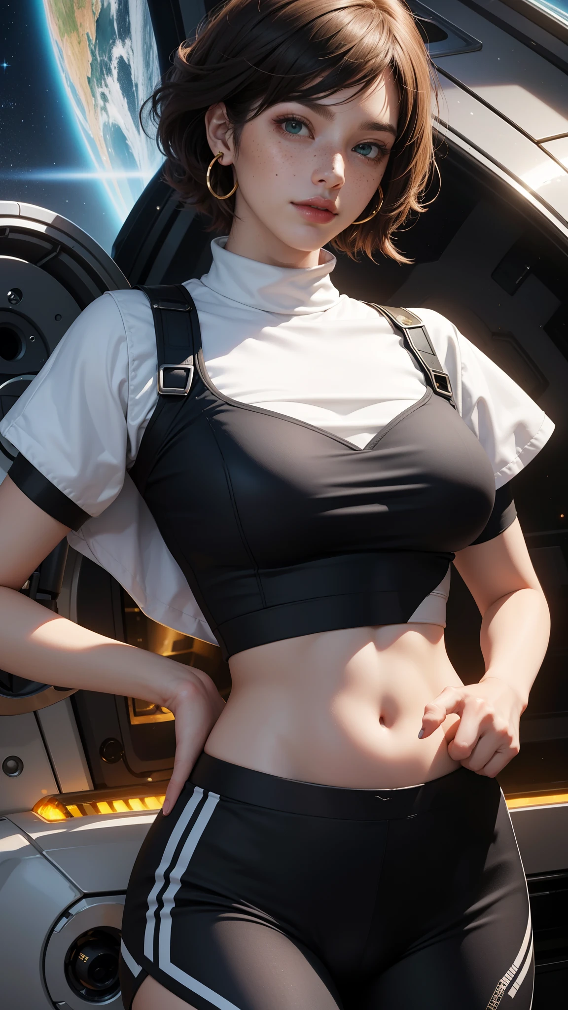 gwen tennyson,tracer,powergirl,ryuuko matoi,y'shtola rhul,close up,atelier ryza,overwatch,mecha pilot,space port,tattoos,orange and silver plugsuit,white short sleeve lycra top,steel cargo pants,uncovered belly,short hair,cute makeup,green eyes,dimensional golden hair,shy smile,freckles,beautiful girl,large breasts,8k,ultra detailed,realistic,fantasy art,saiyan armor,cyborg armor,steel armor,space ship,military uniform,ear piercings,hair pin,super saiyan girl,saiyan female,pilot jacket,