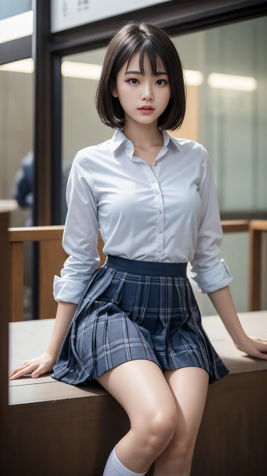 (8k、原始photography、quality、Masterpiece:1.2),(bob cuts),arrogant,School,looking at the audience,Look ahead,Muchimuchi,erotic,student,Light blue Bra,showing through shirt,white skinned,kneelack company),absurd,一张Small脸,Small山雀,flat chest,Part your bangs in the middle、forehead visible,(cold expression,Eye睛紧绷,glare,bullish,skinny,file,anger)、Masterpiece,quality、ultra high resolution,原始photo,allow,beautiful turd,one person, solo,Eye镜,,dark look,Small,whole body,圆Eye镜、可爱的Small,JK school uniform,女student,a japanese lady, permanent,(Realism:1.37)、photon mapping,actual、,可爱的Small脸,棕色Eye睛、black socks、(red bow tie)、radio city、Physically based rendering、Depth of field lurry background、photo,Body,teenage girl,, long legs, slim legangs are clearly visible), hair, lips, blue_Eye, nose software,(light blue blouse), (Navy and white plaid pleated skirt), knees是可见的,transparent costume,, thigh, Black cotton socks,nogizaka idol, , Japan Ita