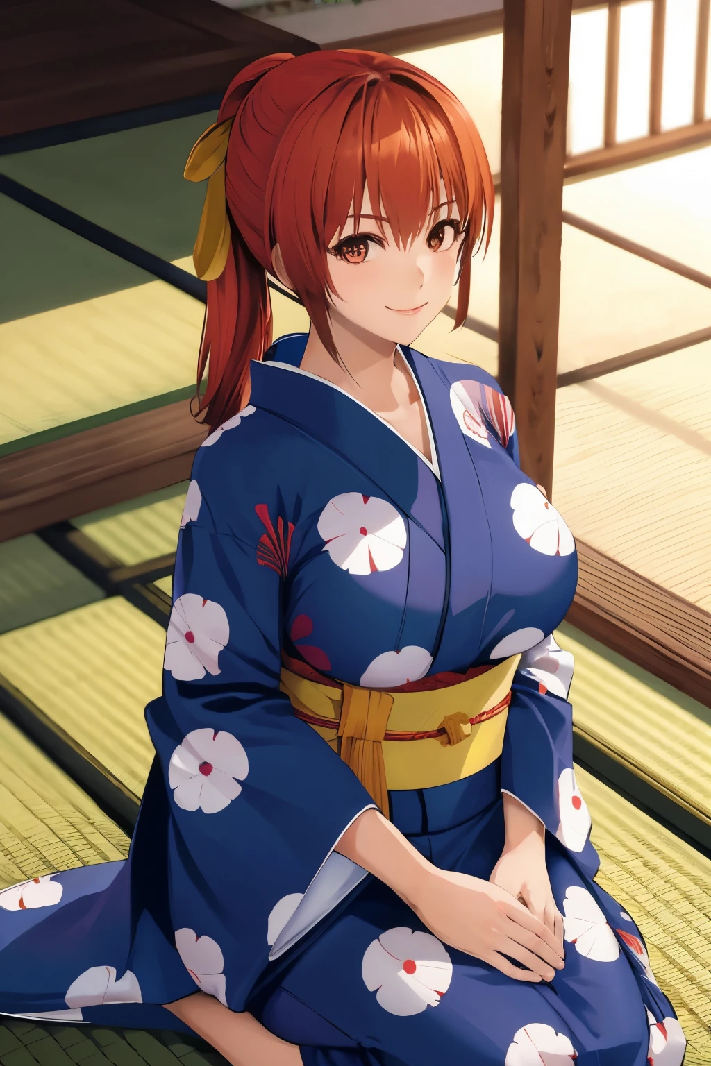 Kasumi, 1 girl, smile, Japanese style room, kimono, look up, big breasts