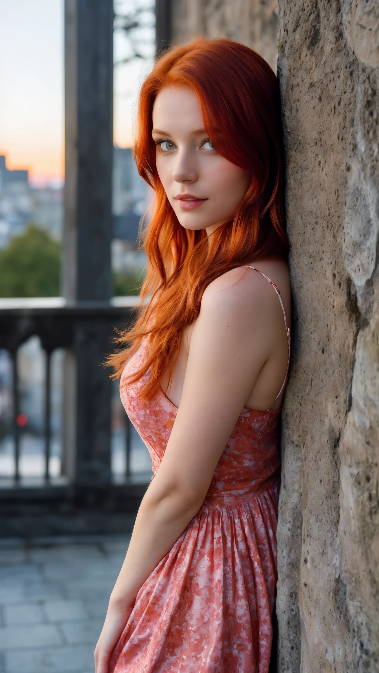 RAW uhd ganzkörperaufnahme 24 years old redhead normalaufnahme, cheveux roux naturels, Castles, wavy, (Femme aux yeux verts) in the apartment, Vorgeschichte von New York City, starry night sky, ,Mamas Natutai, La toile de fond de la nuit de la ville, (red sundress), detailded (tissu!, cheveux!, sliver, couleur!, Mangelhaftigkeiten:1.1), High level of detail of bright eyes, (looking into camera), specular lighting, DSLR, ultra quality, mise au point nette, tranchant, profondeur de champs, Filmkorn, (centered), Fujifilm XT3, Cristal, Le centre du cadre, joli visage, mise au point nette, Laternenpfahl, Neonlichter, Bokeh, (poorly lit), discret, dans la nuit, (Ciel nocturne), couleurps entier, Plan moyen, , Pas de soutien-gorge, NSFW (en anglais seulement), .