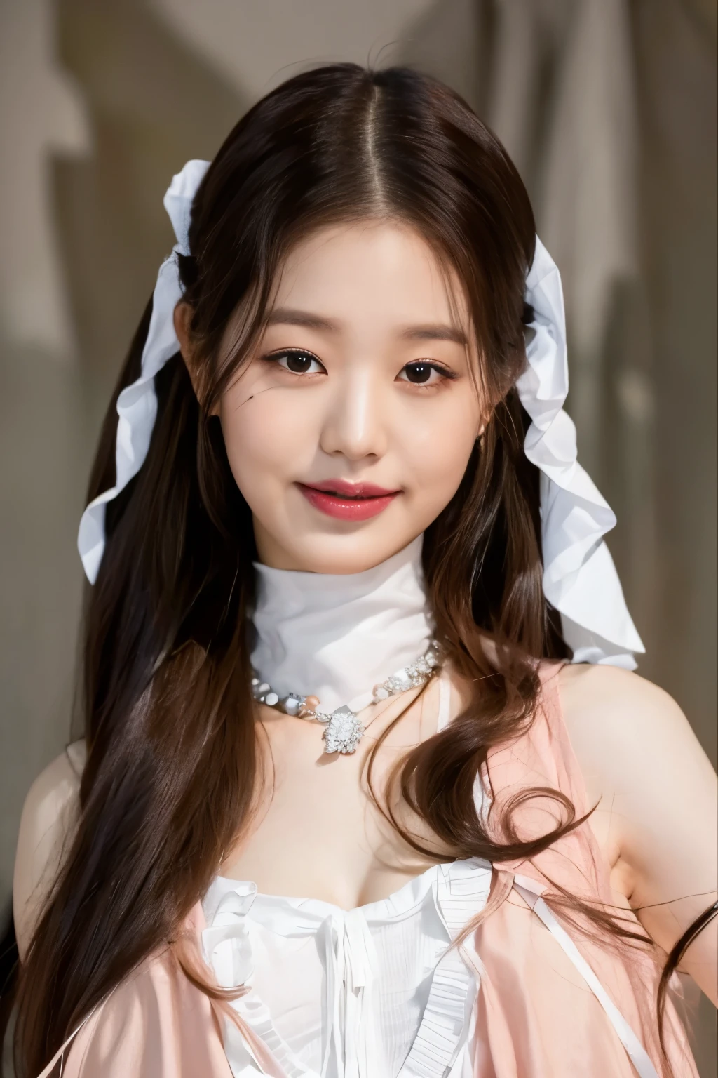 there a woman in a white dress and a pink bow, Jennie rosa negra, ulzzang, retrato de jossi de blackpink, maquillaje popular de corea del sur, joven y adorable rostro coreano, pale korean adorable face, Jaeyeon Nam, Young cute pale asian face, maquillaje coreano popular, bella delfina, 8k selfie photography, retrato suave 8 k Wonyoung de Ive