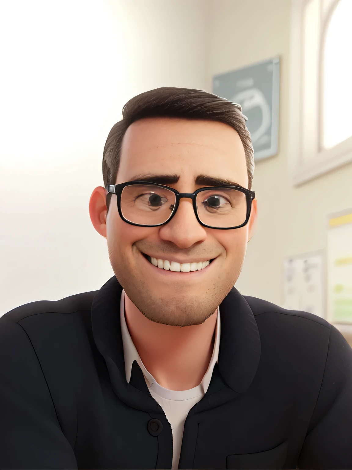 homem branco, Smiling glasses, cabelo preto baixo e topete pequeno, bigode fino, barba, camisa branca, written NVKIDS and white wall behind, estilo 3d da disney pixar, BEHIND A CLASSROOM
