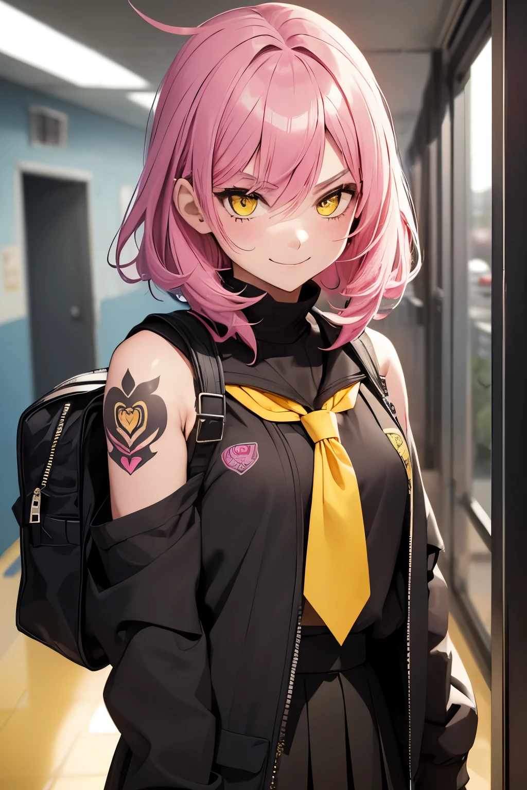 (1Girl, (Badass), shy smile, Tattoo, Pink Hair, (Yellow eyes color), Wearing (Black) School Uniform), (In a School Corridor)