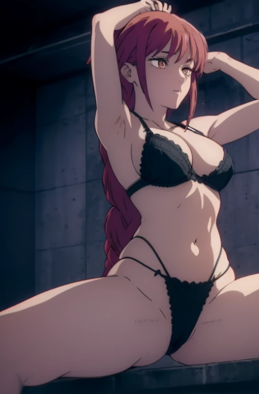 ((((Obra maestra, La mejor calidad, ultrahigh resolution)))), perfect anatomy, 1girl, long hair, red, navel, cameltoes, arms up, armpits, arms behind back, sexy pose, ((((Obra maestra, La mejor calidad, ultrahigh resolution)))), perfect anatomy, 1girl, long hair, red, orange eyes a sexy woman in stockings and lingerie shows off her body, 1girl, solo, breasts, underwear, bra, earrings, mature female, jewelry, thighhighs, panties,black bra, red hair, black panties, navel, red nails, large breasts, shirt, cleavage, long hair, white shirt, red lips, ponytail, masterpiece, sharp focus, best quality, depth of field, cinematic lighting, (anime screencap:1.4), sexy pose