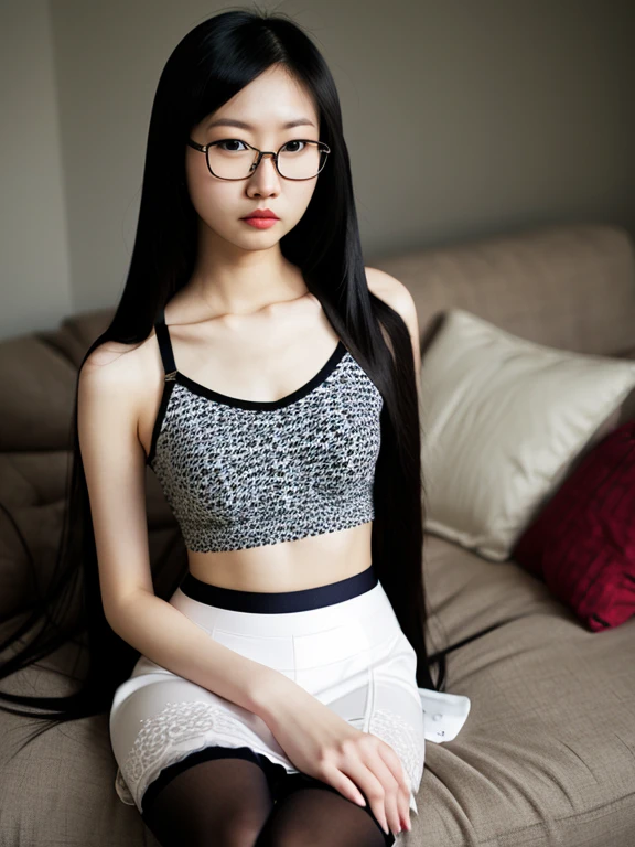 asian, glasses, sexy bra, frown, sexy pencil skirt, tights, long straight hair, long legs,