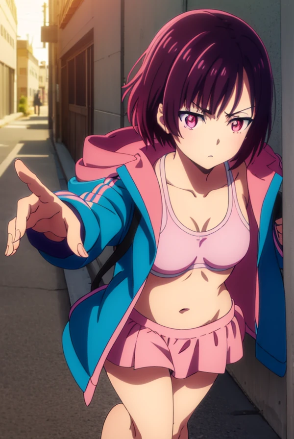 Shizuka Mikazuki, Shizuka Mikazuki, short hair, purple hair, hair ornaments, hair clip, (pink eyes:1.5), flowing bangs, (small breasts:1.2),
break navel, cleavage, Jacket, open clothes, abdomen, hood, open Jacket, blue Jacket, hooded Jacket, play sports often, hood down,
break looking at viewer,
break outdoors,
break (masterpiece:1.2), highest quality, High resolution, unity 8k wallpaper, (figure:0.8), (beautiful and fine eyes:1.6), highly detailed face, perfect lighting, Very detailed CG, (perfect hands, perfect anatomy),naked，sex slave