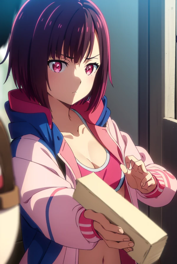 Shizuka Mikazuki, Shizuka Mikazuki, short hair, purple hair, hair ornaments, hair clip, (pink eyes:1.5), flowing bangs, (small breasts:1.2),
break navel, cleavage, Jacket, open clothes, abdomen, hood, open Jacket, blue Jacket, hooded Jacket, play sports often, hood down,
break looking at viewer,
break outdoors,
break (masterpiece:1.2), highest quality, High resolution, unity 8k wallpaper, (figure:0.8), (beautiful and fine eyes:1.6), highly detailed face, perfect lighting, Very detailed CG, (perfect hands, perfect anatomy),naked，sex slave