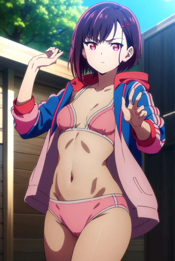 Shizuka Mikazuki, Shizuka Mikazuki, short hair, purple hair, hair ornaments, hair clip, (pink eyes:1.5), flowing bangs, (small breasts:1.2),
break navel, cleavage, Jacket, open clothes, abdomen, hood, open Jacket, blue Jacket, hooded Jacket, play sports often, hood down,
break looking at viewer,
break outdoors,
break (masterpiece:1.2), highest quality, High resolution, unity 8k wallpaper, (figure:0.8), (beautiful and fine eyes:1.6), highly detailed face, perfect lighting, Very detailed CG, (perfect hands, perfect anatomy),naked,sex slave