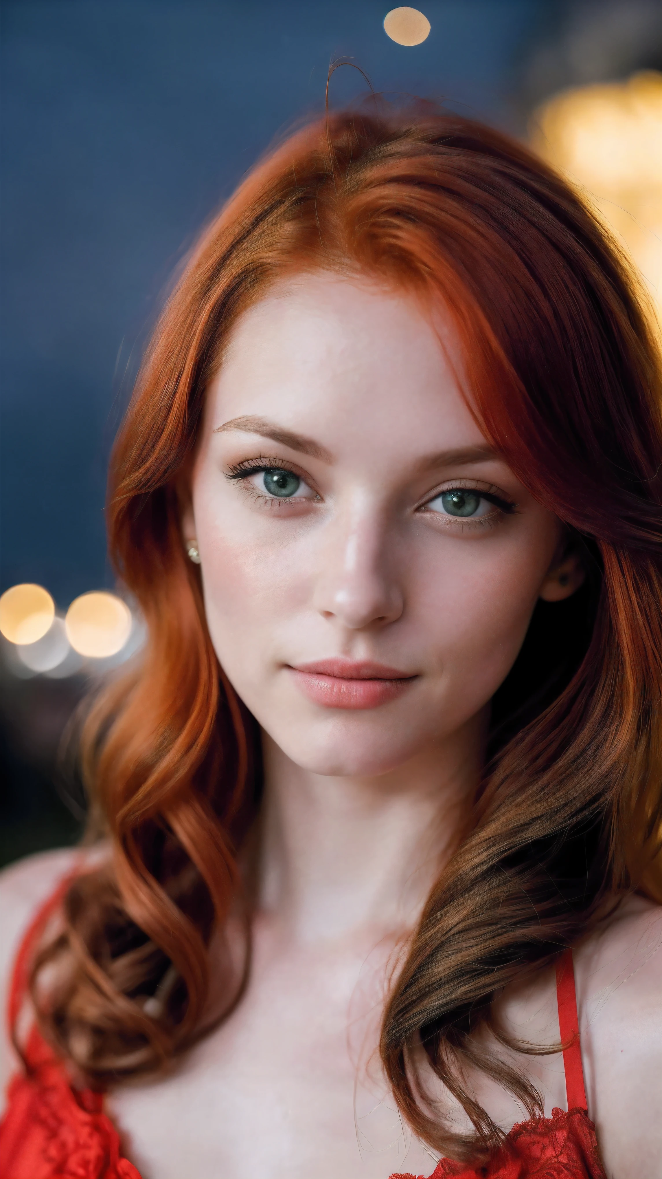 RAW uhd ganzkörperaufnahme 24 years old redhead normalaufnahme, cheveux roux naturels, Castles, wavy, (Femme aux yeux verts) in the apartment, Vorgeschichte von New York City, starry night sky, ,Mamas Natutai, La toile de fond de la nuit de la ville, (red sundress), detailded (tissu!, cheveux!, sliver, couleur!, Mangelhaftigkeiten:1.1), High level of detail of bright eyes, (looking into camera), specular lighting, DSLR, ultra quality, mise au point nette, tranchant, profondeur de champs, Filmkorn, (centered), Fujifilm XT3, Cristal, Le centre du cadre, joli visage, mise au point nette, Laternenpfahl, Neonlichter, Bokeh, (poorly lit), discret, dans la nuit, (Ciel nocturne), couleurps entier, Plan moyen, , Pas de soutien-gorge, NSFW (en anglais seulement), .