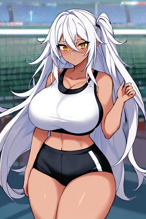 1girl, anime style, 2d, anime screencap, dark skin, dark-dkinned female, white hair, long hair, large breasts, wide hips, thick thighs, shirt, sportswear, shy, sports bra, screencap, masterpiece
