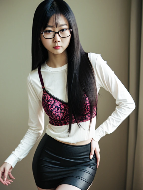 asian, glasses, sexy bra, frown, sexy pencil skirt, tights, long straight hair, long legs,