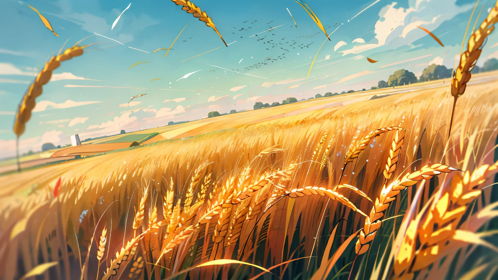 Green wheat fields with cuckoos flying in the sky