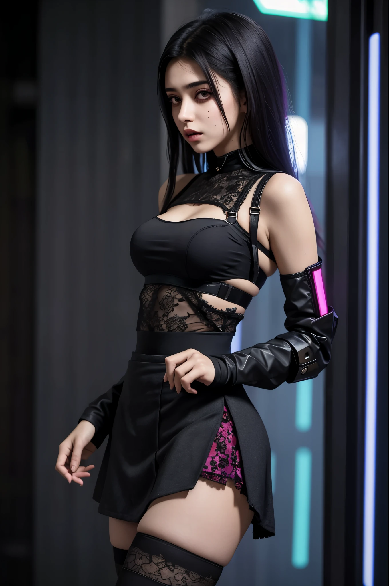 a beautiful 17yo iran woman, lace strap top, high waist short skirt , thighhighs, cyberpunk background,
