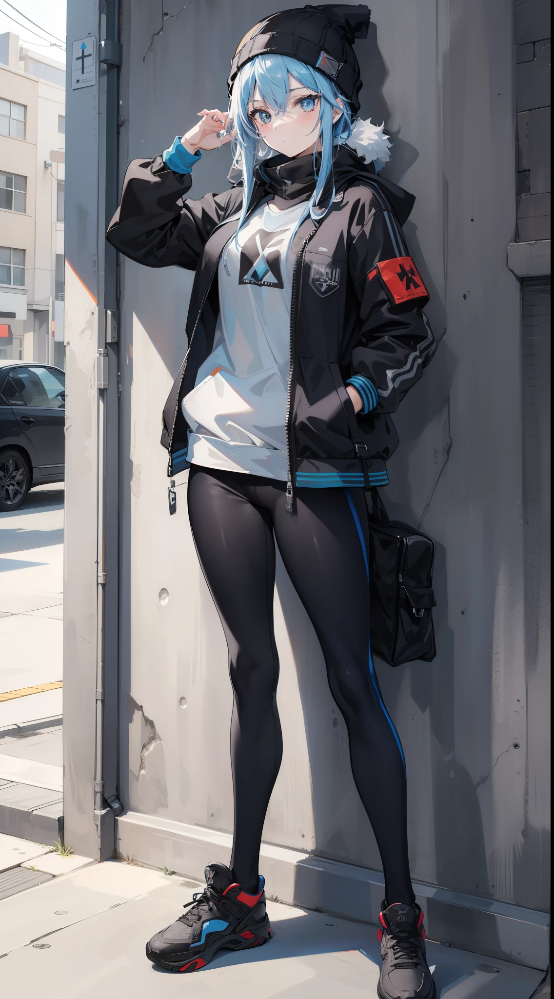 (masterpiece:1.2, best quality), (graphite wall:1.15), 1 lady, beanie, jacket, Leggings, blue eyes, full body,