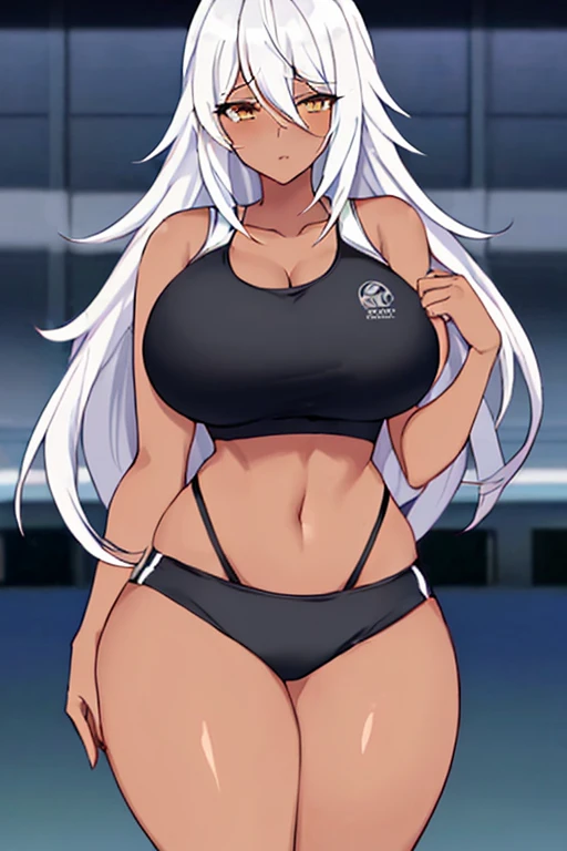 1girl, anime style, 2d, anime screencap, dark skin, dark-skinned female, white hair, long hair, large breasts, wide hips, thick thighs, shirt, sportswear, shy, sports bra, screencap, masterpiece
