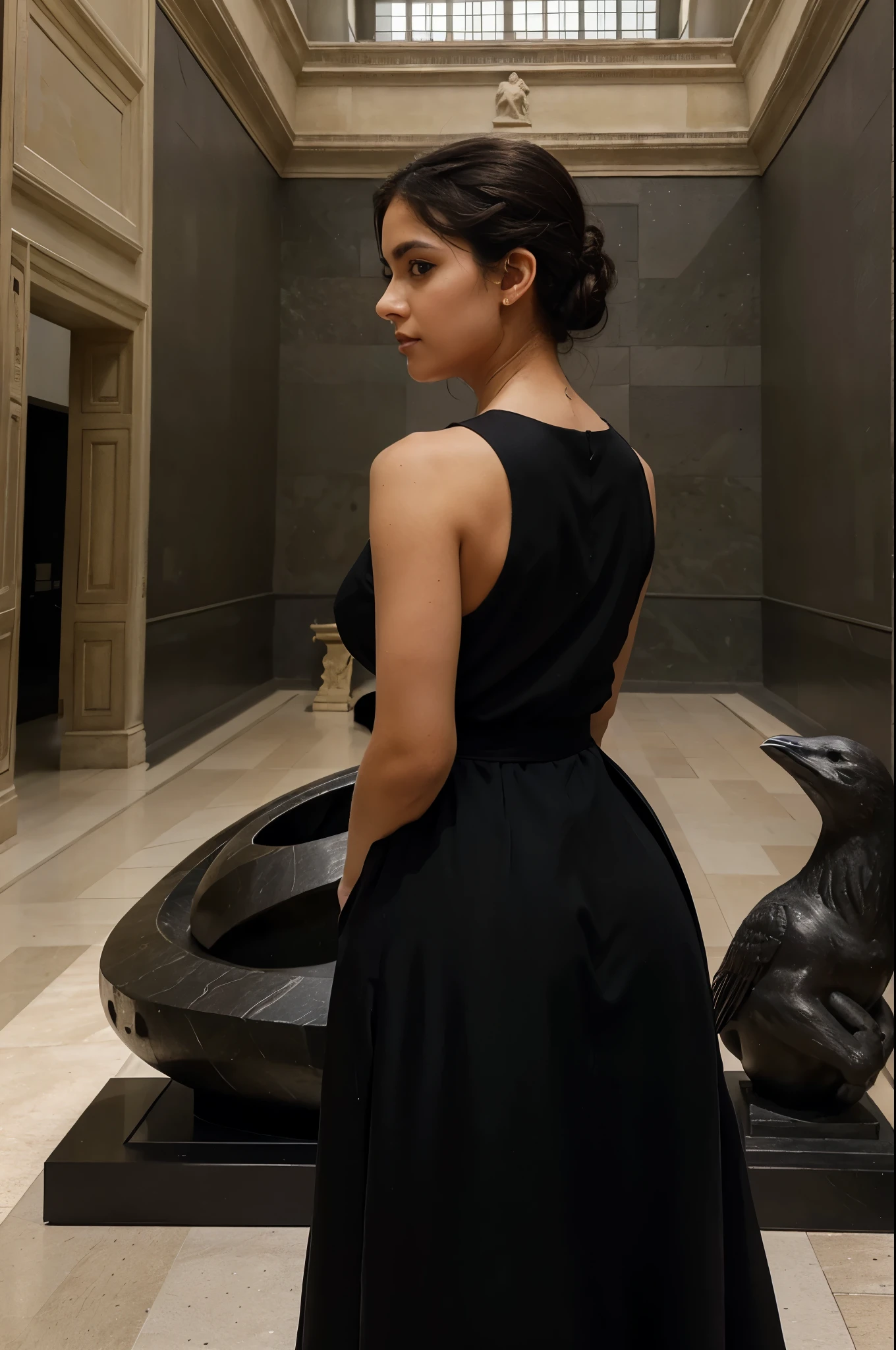 best quality, Louvre Museum, Paris, Leila in a sophisticated long closed black dress, her hair in a sleek updo, admiring the sculptures, side perspective of her, wide angle, birds eye view