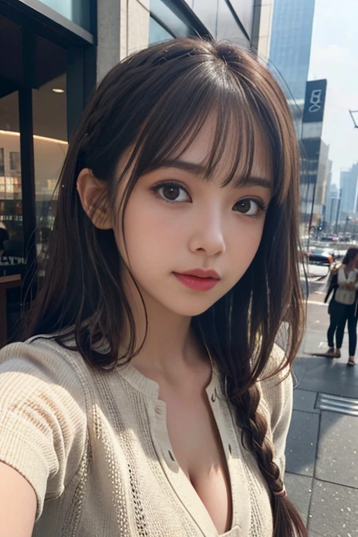 (from below:1),((1 girl)),light brown bangs、braided hair、messy hair、light brown eyes、(dignified expression)、(Fashionable casual wear),()、emphasize cleavage、Skyscraper District、blue sky、(Photoreal)、(intricate details:1.2)、(masterpiece、:1.3)、(highest quality:1.4)、(Super high resolution:1.2)、Super high resolution、(detailed eye)、(detailed facial features)、selfie