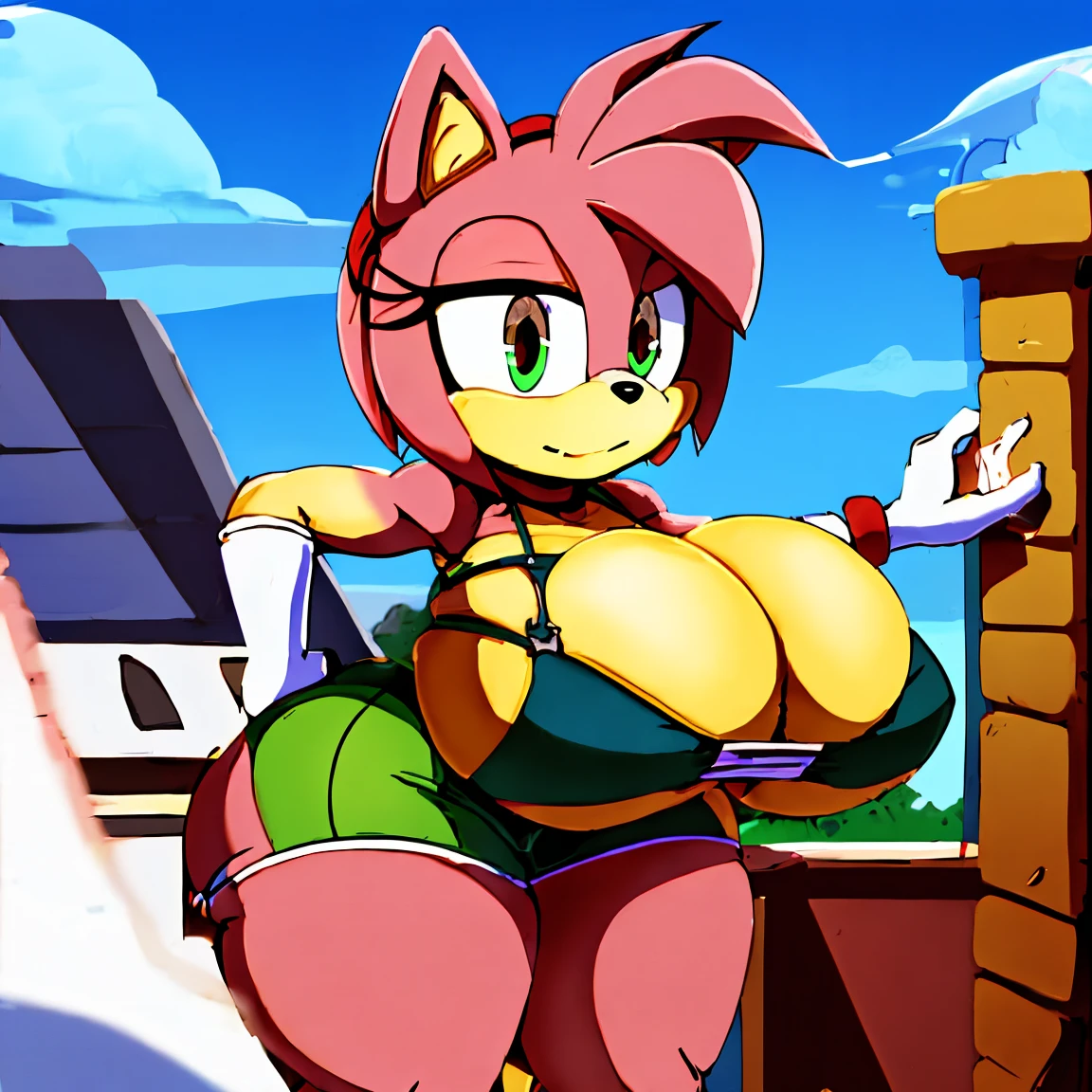 AmyRose. cuello. armadura medieval. enormous droopy breasts. (Very high definition. 8k). Chica Thicc. Trazos de cuerpo extra detallados. Trazos de ojos extra detallados. 