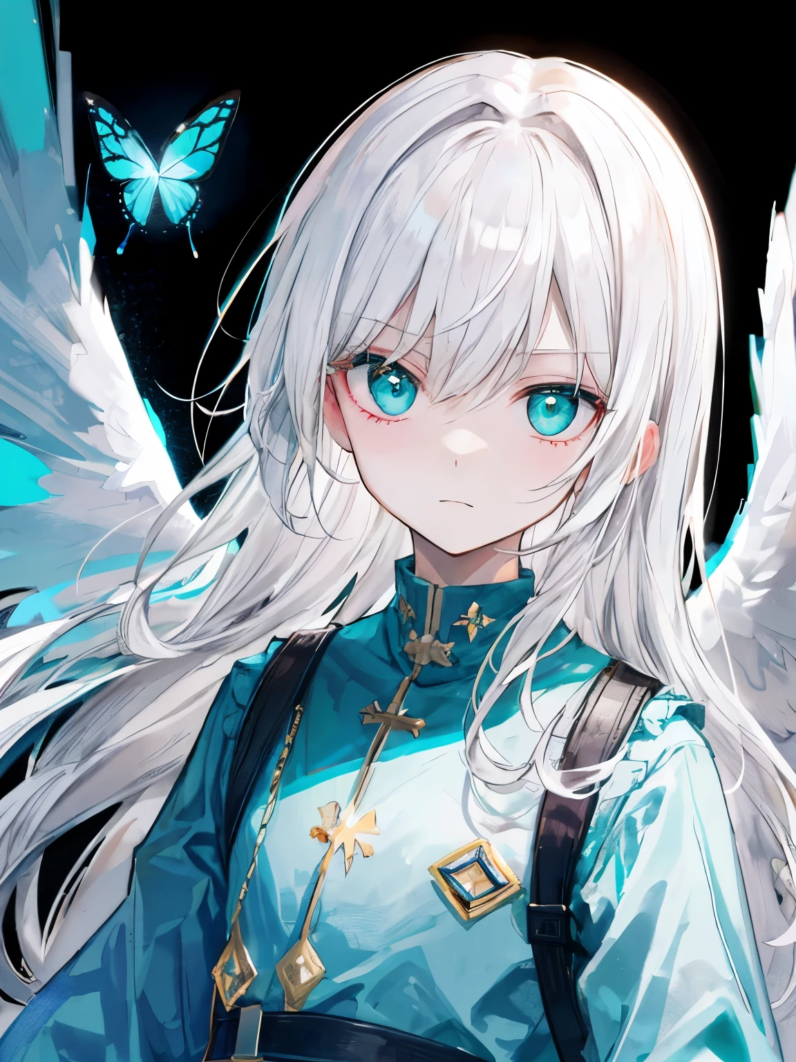 highest quality、muste piece、super detailed、perfect face、very detailed、very delicate、1 boy, (scared), Angel, (white hair)、long hair、Gorgeolanche&#39;Hello),(white光輪) dark, shining eyes, Light green eyes, Angel wings,  holy, ,whiteのチュニック,race、 2対のwhite angel wings, full of confidence,  please keep your mouth shut、expressive eyes, collofull eyes, contrast, shadowy, muste piece, digital art, shining eyes, Intimidating, damaged, devilish, abstract background, white, black and teal、両手にwhiteく輝く星を浮かばせる、fear、A light blue butterfly dances