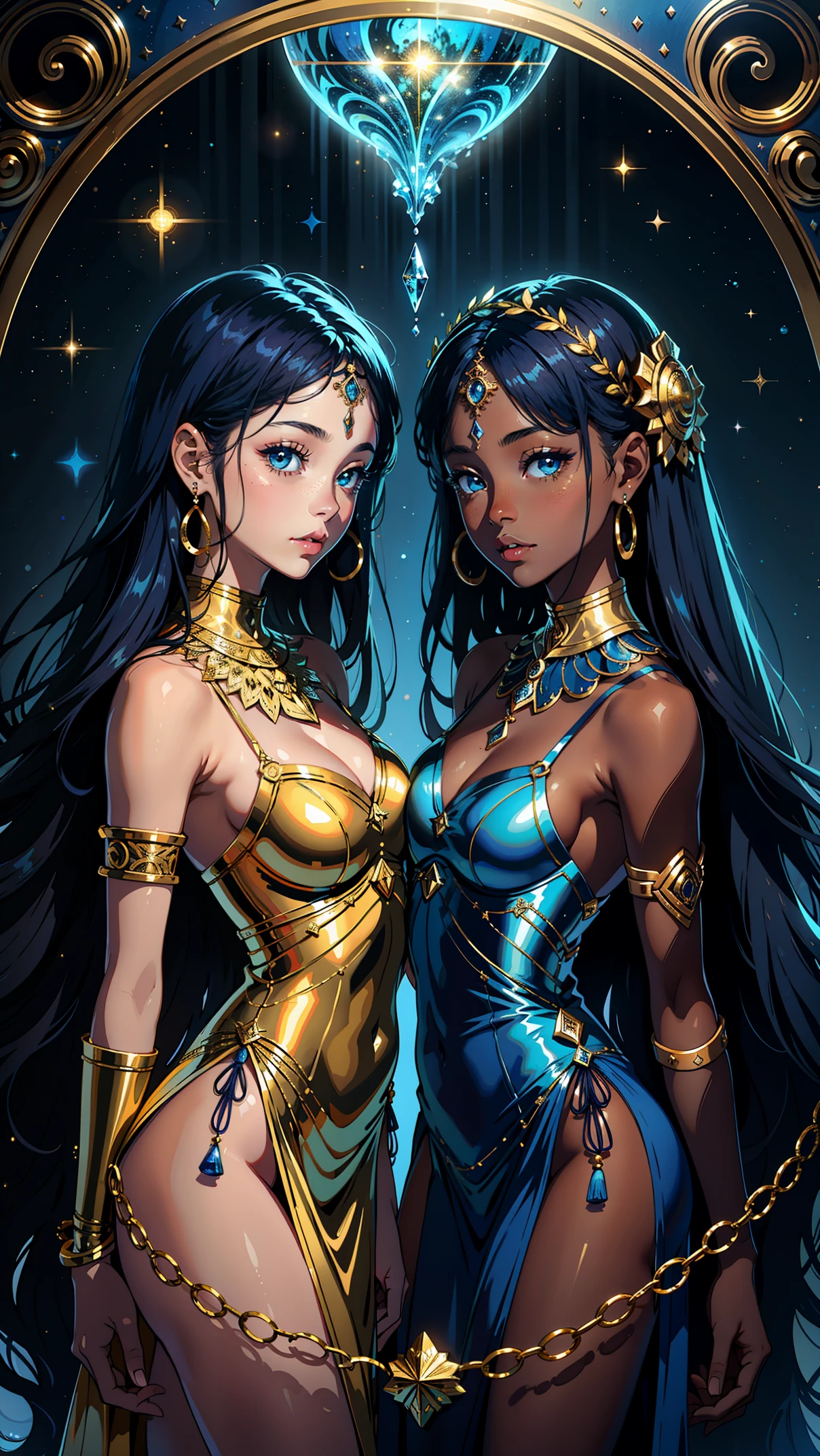 adesivo, fundo simples, portrait, 2 girls with dark skin, identical twin sisters with long hair, beautiful zodiac twins, zodiac aesthetic, sheer dresses, Gemini beautiful girl, very beautiful fantasy art, beautiful and elegant female celestial, beautiful detailed fantasy, gemini sign, gold and blue color palate, blue color-theme