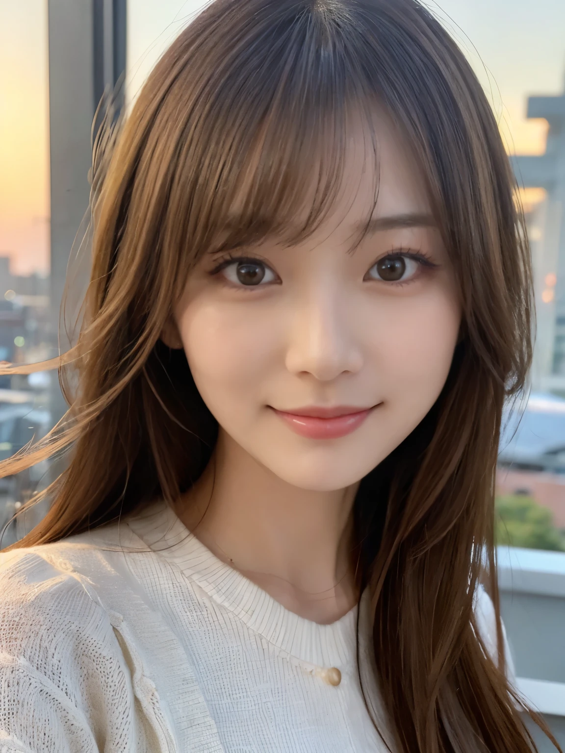 masterpiece、1 beautiful girl、A detailed eye、Puffy eyes、top-quality, 超A high resolution, (Realisticity: 1.4), cinematlic lighting、japanes、Asian Beauty、Super beauty、Beautiful skin、A slender、The body facing forward、(A hyper-realistic)、(hight resolution)、(8K)、(ighly detailed)、(beautifully detailed eyes)、(ultra-detailliert)、 (wall-)、A detailed face、Bright lighting、profetional lighting、looking at viewert、Facing straight ahead、(The costume a knitted dress)、Long hair, hair messy, asymmetrical bangs, 、nighttime scene、Brown hair、Japan idle、韓国アイドル、hposing Gravure Idol、、age21、tall, smile, sunset park scene、