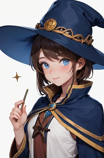 1 woman , fantasy, brown hair short, mage, in uniform , floppy wizard hat, blue eyes.