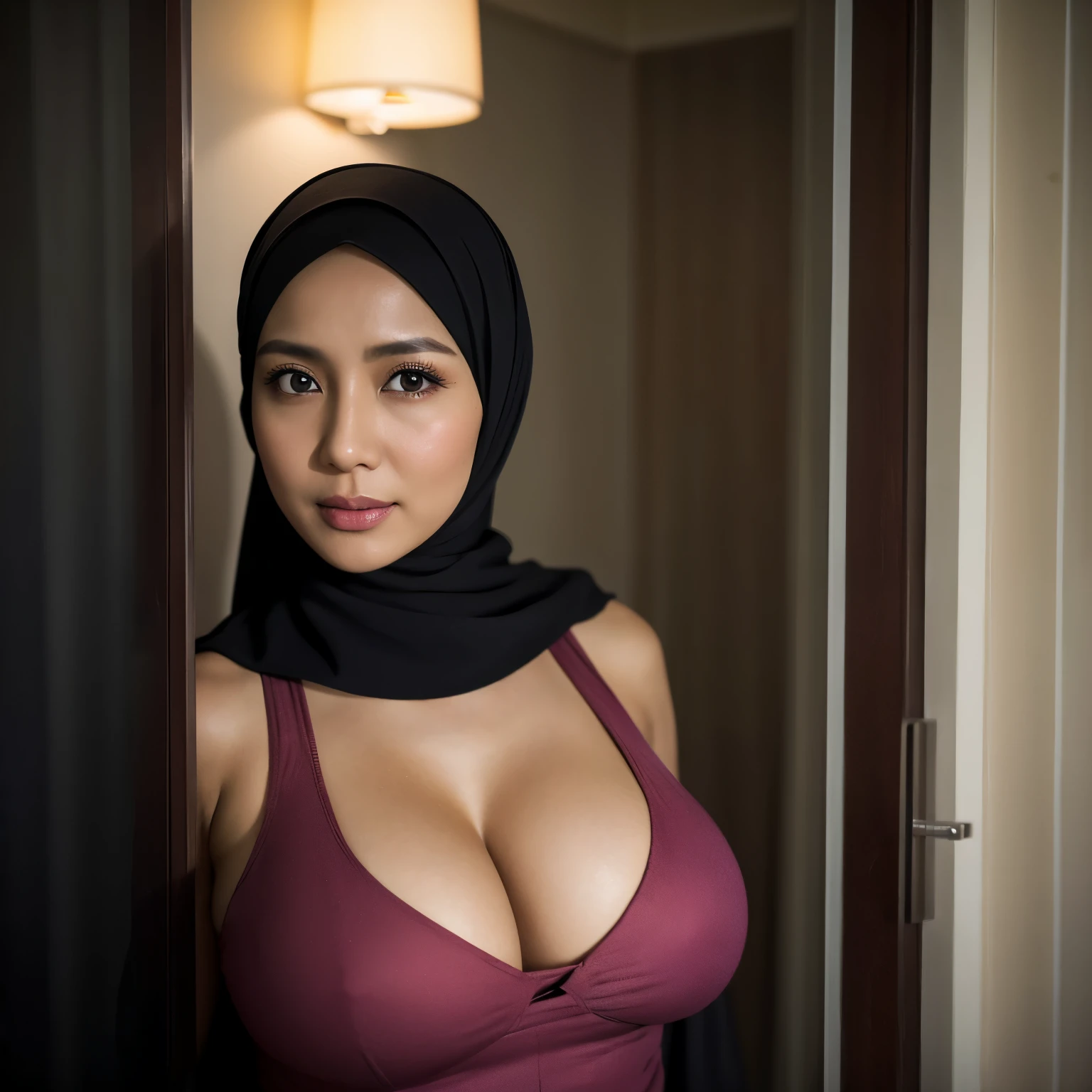 36 years Old, Hijab Indonesian Beautiful woman, Large Tits : 54.9, Gamirs, Breast about To burst out from her clothes, at doctor office, Dark light, at Nighttime.