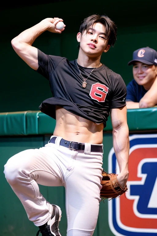 A muscular Johnny&#39;s baseball club boy with little body hair takes off his top.、grab your crotch from above your pants