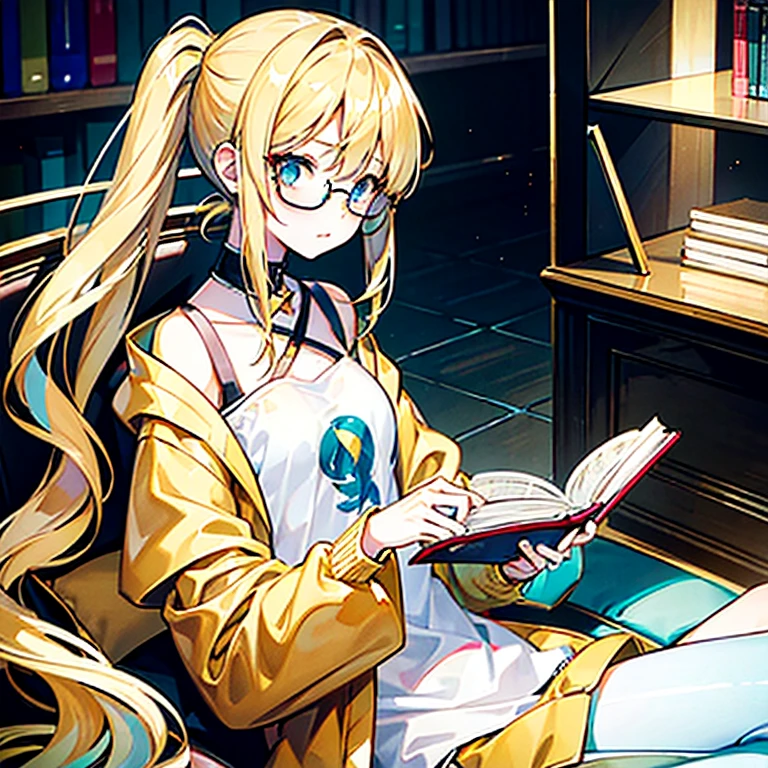 8K,The right human body,Delicately portray the eyes,illustration,Highest quality promotional imagequisite,Fine face,work,flat chest,Slim,young,,Sense of luxury,Hand Painted,Official fan art, visual novel, data center, anime stylization, girl浪漫, By Anime Painter Studio,(blonde),Golden pupils,(Low double ponytail),(long bangs),Dumb,round glasses,girl,Wear modern clothing,fashion clothing,read a book,holding book